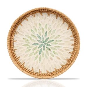 bemiaocrafts rattan tray with mother of pearl inlay wooden base, lacquer serving basket for breakfast, food, round tray as coffee table decor, mother of pearl decoration, storage, display