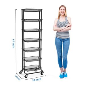 7 Tier Rolling Utility Carts, Mesh Storage Rack with Lockable Wheels, Rolling Storage Cart Kitchen Cart Multifunctional Rolling Shelf for Office, Bathroom, Kitchen, Kids' Room, Classroom (Black)