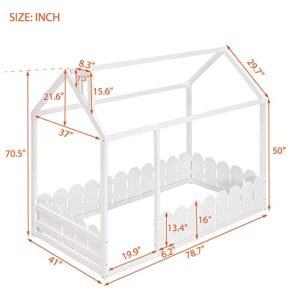 Merax Twin Size Wood House Bed Frame with Fence, White