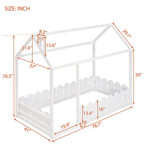 Merax Twin Size Wood House Bed Frame with Fence, White