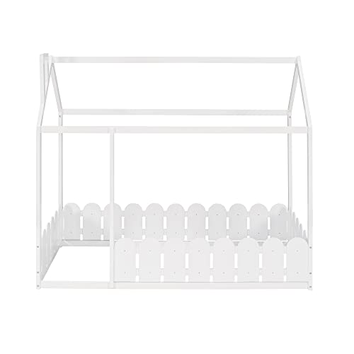 Merax Twin Size Wood House Bed Frame with Fence, White