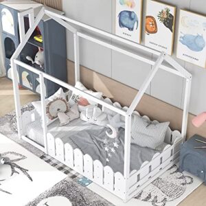 Merax Twin Size Wood House Bed Frame with Fence, White