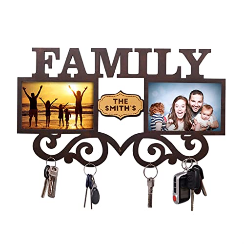 Personalized Key Holder with Photo Frame for Wall Decorative Custom Picture Wooden Key Hangers for Rustic Home Decor, Key Organizer Mount with 4 Hooks Decorative Family Sign (Family)