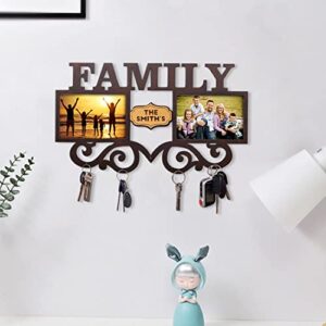 Personalized Key Holder with Photo Frame for Wall Decorative Custom Picture Wooden Key Hangers for Rustic Home Decor, Key Organizer Mount with 4 Hooks Decorative Family Sign (Family)