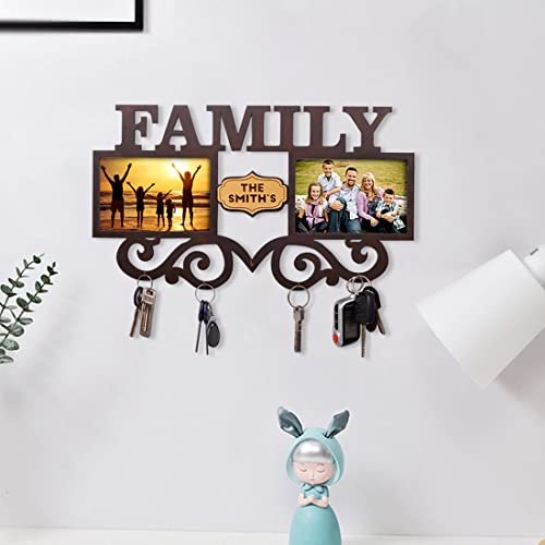 Personalized Key Holder with Photo Frame for Wall Decorative Custom Picture Wooden Key Hangers for Rustic Home Decor, Key Organizer Mount with 4 Hooks Decorative Family Sign (Family)