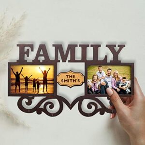 Personalized Key Holder with Photo Frame for Wall Decorative Custom Picture Wooden Key Hangers for Rustic Home Decor, Key Organizer Mount with 4 Hooks Decorative Family Sign (Family)