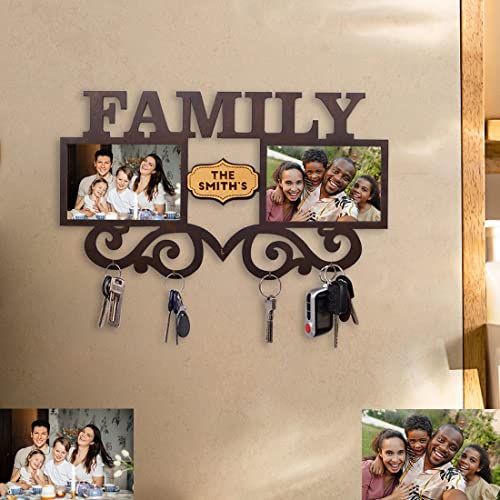 Personalized Key Holder with Photo Frame for Wall Decorative Custom Picture Wooden Key Hangers for Rustic Home Decor, Key Organizer Mount with 4 Hooks Decorative Family Sign (Family)