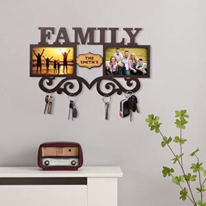 Personalized Key Holder with Photo Frame for Wall Decorative Custom Picture Wooden Key Hangers for Rustic Home Decor, Key Organizer Mount with 4 Hooks Decorative Family Sign (Family)