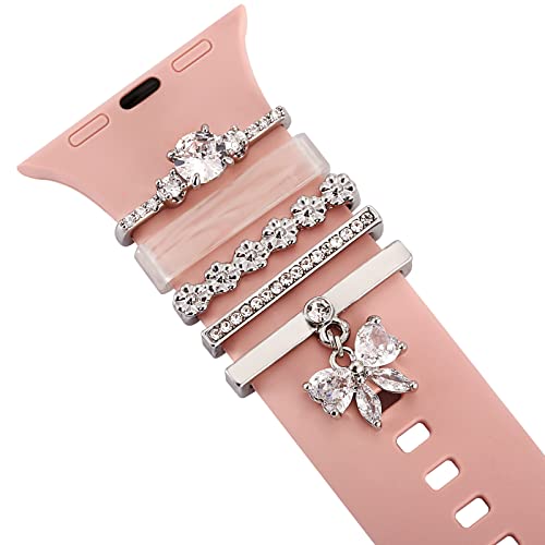 Decorative Love Rings Loops Compatible with Apple Watch Silicone leather Bands Charms 45mm 44mm 42mm 41mm 40mm 38mm 7 6 5 4 3 2 1 Diamond Sparkle Ornament metal resin Charms Slide Accessories for iwatch Series 7 6 5 4 3 2 1 (No Watch Band)Shell Silver