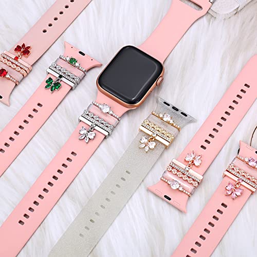 Decorative Love Rings Loops Compatible with Apple Watch Silicone leather Bands Charms 45mm 44mm 42mm 41mm 40mm 38mm 7 6 5 4 3 2 1 Diamond Sparkle Ornament metal resin Charms Slide Accessories for iwatch Series 7 6 5 4 3 2 1 (No Watch Band)Shell Silver