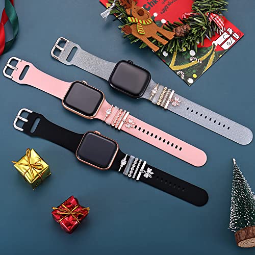 Decorative Love Rings Loops Compatible with Apple Watch Silicone leather Bands Charms 45mm 44mm 42mm 41mm 40mm 38mm 7 6 5 4 3 2 1 Diamond Sparkle Ornament metal resin Charms Slide Accessories for iwatch Series 7 6 5 4 3 2 1 (No Watch Band)Shell Silver