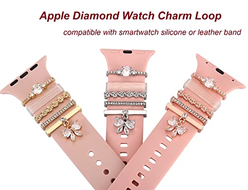 Decorative Love Rings Loops Compatible with Apple Watch Silicone leather Bands Charms 45mm 44mm 42mm 41mm 40mm 38mm 7 6 5 4 3 2 1 Diamond Sparkle Ornament metal resin Charms Slide Accessories for iwatch Series 7 6 5 4 3 2 1 (No Watch Band)Shell Silver