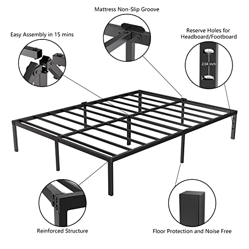 LIJQCI 16 Inch Queen Bed Frame, Metal Platform Bed Frames 3000 lbs Heavy Duty Steel Slat Support Easy Assembly Mattress Foundation Noise Free No Box Spring Needed, Black