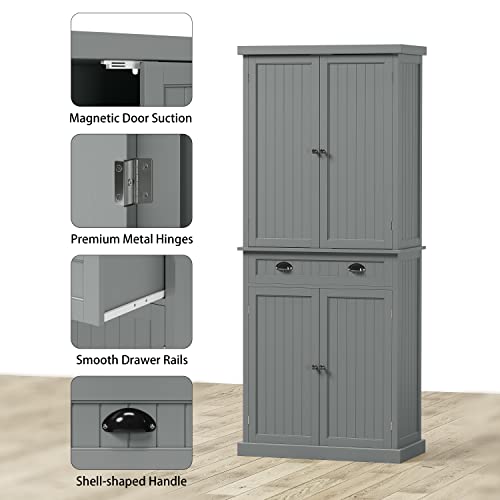 Function Home 72" Kitchen Pantry Cabinet, Tall Storage Cabinet, Freestanding Cupboard with Drawer and Adjustable Shelves, Pantry Cabinets for Kitchen Bathroom Living Room, Grey