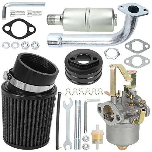 GREHUA Upgrade Carburetor Carb Air Filter Adapter Exhaust Pipe Muffler Stage 2 Kit for 79cc Predator 98cc 3.0HP Coleman Powersports CT100U CC100X Mini Bike Go Kart Motor Engine Performance Parts Black