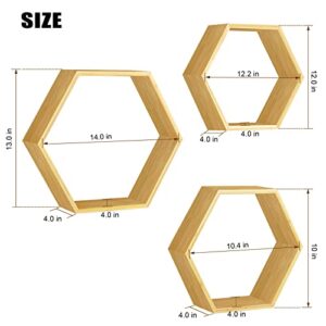 Floating Hexagon Shelves Set of 3 Hexagonal Storage Shelves Bedroom Bamboo Wall Honeycomb Floating Shelf Display Storage Rack for Wall Decor Hexagon Shelves for Living Room Hallway Farmhouse