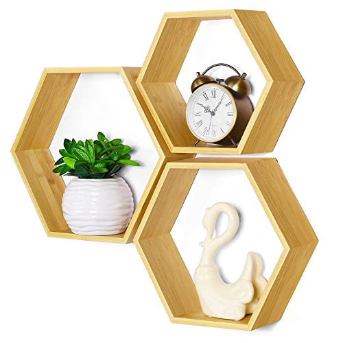 Floating Hexagon Shelves Set of 3 Hexagonal Storage Shelves Bedroom Bamboo Wall Honeycomb Floating Shelf Display Storage Rack for Wall Decor Hexagon Shelves for Living Room Hallway Farmhouse