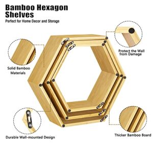 Floating Hexagon Shelves Set of 3 Hexagonal Storage Shelves Bedroom Bamboo Wall Honeycomb Floating Shelf Display Storage Rack for Wall Decor Hexagon Shelves for Living Room Hallway Farmhouse