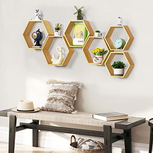 Floating Hexagon Shelves Set of 3 Hexagonal Storage Shelves Bedroom Bamboo Wall Honeycomb Floating Shelf Display Storage Rack for Wall Decor Hexagon Shelves for Living Room Hallway Farmhouse