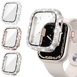 tensea [3pack] for apple watch screen protector case series 9 8 7 41mm accessories, iwatch hard pc diamond bumper case built-in tempered glass film, protective bling face cover for women girls, 41 mm