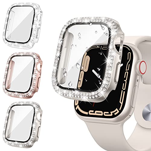 Tensea [3Pack] for Apple Watch Screen Protector Case Series 9 8 7 41mm Accessories, iWatch Hard PC Diamond Bumper Case Built-in Tempered Glass Film, Protective Bling Face Cover for Women Girls, 41 mm