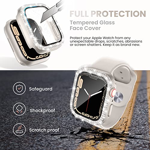 Tensea [3Pack] for Apple Watch Screen Protector Case Series 9 8 7 41mm Accessories, iWatch Hard PC Diamond Bumper Case Built-in Tempered Glass Film, Protective Bling Face Cover for Women Girls, 41 mm
