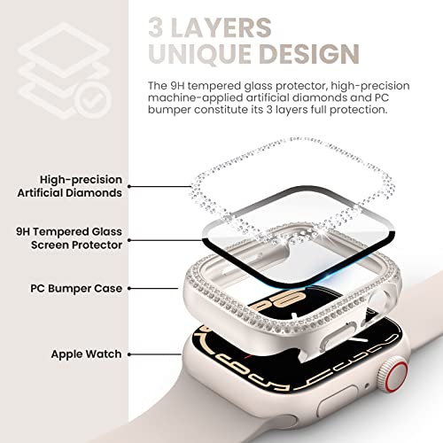 Tensea [3Pack] for Apple Watch Screen Protector Case Series 9 8 7 41mm Accessories, iWatch Hard PC Diamond Bumper Case Built-in Tempered Glass Film, Protective Bling Face Cover for Women Girls, 41 mm
