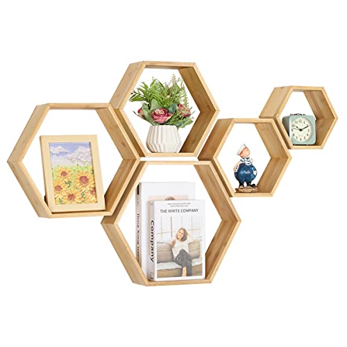 Floating Shelves Set of 5, Honey Comb Hexagon Floating Shelves Set, Hexagon Shelves for Wall, Wall Mounted Bamboo Farmhouse Storage for Bathroom, Kitchen, Bedroom, Living Room, Office(Natural Color)