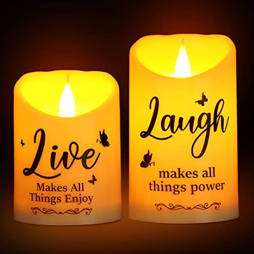 2 Pieces Inspirational Flameless LED Candles with Remote, Battery Operated Plastic Warm Light Christian Spiritual Gifts for Women Men with Live Love Laugh Faith Home Thanksgiving Religious Decor