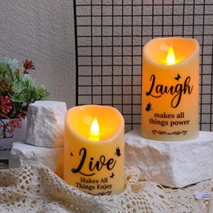 2 Pieces Inspirational Flameless LED Candles with Remote, Battery Operated Plastic Warm Light Christian Spiritual Gifts for Women Men with Live Love Laugh Faith Home Thanksgiving Religious Decor
