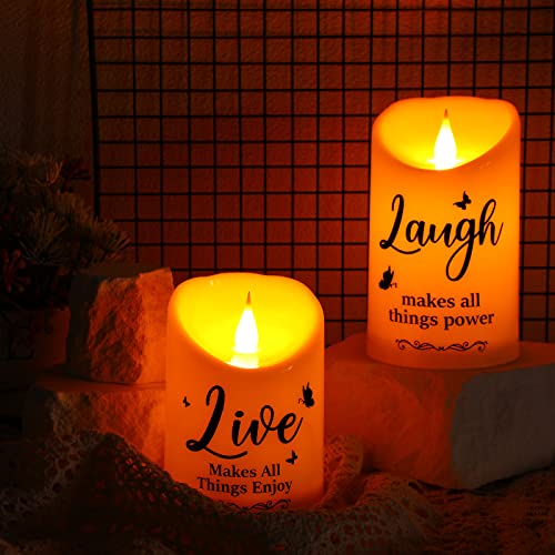 2 Pieces Inspirational Flameless LED Candles with Remote, Battery Operated Plastic Warm Light Christian Spiritual Gifts for Women Men with Live Love Laugh Faith Home Thanksgiving Religious Decor