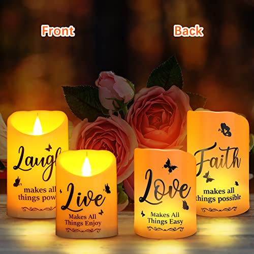 2 Pieces Inspirational Flameless LED Candles with Remote, Battery Operated Plastic Warm Light Christian Spiritual Gifts for Women Men with Live Love Laugh Faith Home Thanksgiving Religious Decor