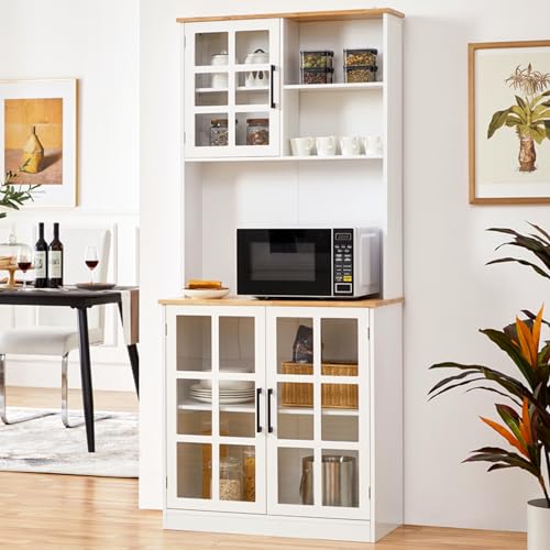 Yaheetech 72'' Kitchen Pantry Cabinet with Buffet Hutch, Storage Cabinet with Tempered Glass Doors & Rubberwood Countertop & Adjustable Shelves, Cupboard for Dinning Room/Bathroom, White