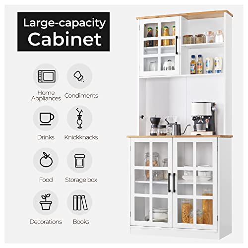 Yaheetech 72'' Kitchen Pantry Cabinet with Buffet Hutch, Storage Cabinet with Tempered Glass Doors & Rubberwood Countertop & Adjustable Shelves, Cupboard for Dinning Room/Bathroom, White