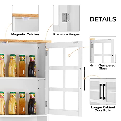 Yaheetech 72'' Kitchen Pantry Cabinet with Buffet Hutch, Storage Cabinet with Tempered Glass Doors & Rubberwood Countertop & Adjustable Shelves, Cupboard for Dinning Room/Bathroom, White