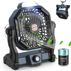 sismel camping fan rechargeable, 10400mah battery operated fan, ultra quiet fan, usb battery powered tent fan with led light and hook, stepless speed, ldeal for camp tents emergency bbq