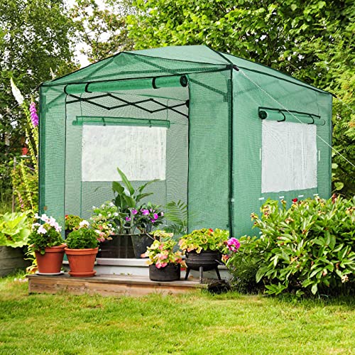 OUTFINE 8'x12' Portable Heavy Duty Walk-in Greenhouse Instant Pop-up Greenhouse Indoor Outdoor Plant Gardening House Canopy, Front and Rear Roll-Up Zipper Doors and Four Roll-Up Side Windows