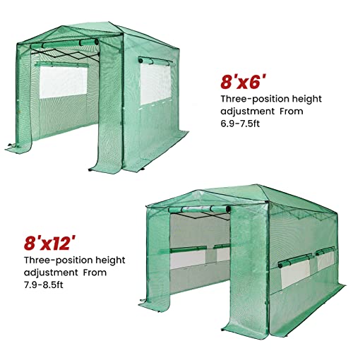 OUTFINE 8'x12' Portable Heavy Duty Walk-in Greenhouse Instant Pop-up Greenhouse Indoor Outdoor Plant Gardening House Canopy, Front and Rear Roll-Up Zipper Doors and Four Roll-Up Side Windows