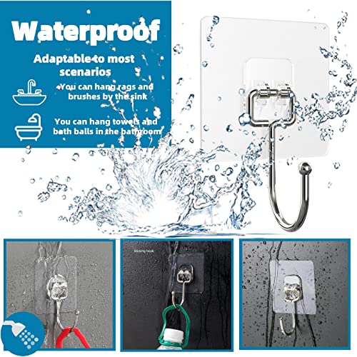Apwzv Adhesive Hooks Kitchen Wall Hangers - 10 Pack Heavy Duty 40lb (Max) Nail Free Adhesive Hooks.Transparent Waterproof with Stainless Steel Hooks，Reusable Utility Towel Bathroom Ceiling Hooks.