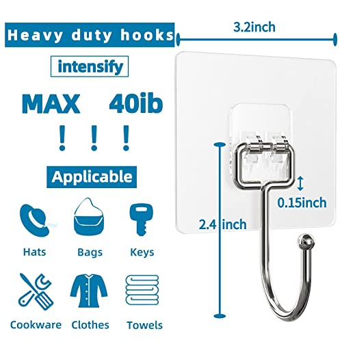 Apwzv Adhesive Hooks Kitchen Wall Hangers - 10 Pack Heavy Duty 40lb (Max) Nail Free Adhesive Hooks.Transparent Waterproof with Stainless Steel Hooks，Reusable Utility Towel Bathroom Ceiling Hooks.