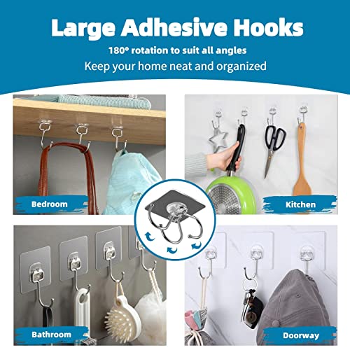 Apwzv Adhesive Hooks Kitchen Wall Hangers - 10 Pack Heavy Duty 40lb (Max) Nail Free Adhesive Hooks.Transparent Waterproof with Stainless Steel Hooks，Reusable Utility Towel Bathroom Ceiling Hooks.