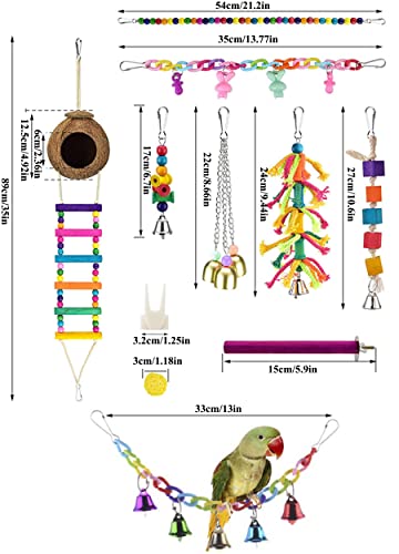 Parakeet Cockatiel Bird Swings Toys, Bird Perch Bird Cage Hammock Coconut Hideaway with Ladder Hanging Bell Swing Chewing Hanging Toy for Budgerigar, Conures, Love Birds, Finches, Budgie,Mynah