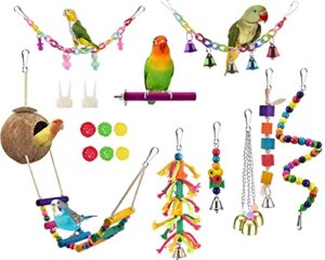 parakeet cockatiel bird swings toys, bird perch bird cage hammock coconut hideaway with ladder hanging bell swing chewing hanging toy for budgerigar, conures, love birds, finches, budgie,mynah