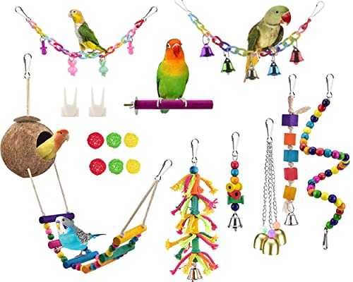 Parakeet Cockatiel Bird Swings Toys, Bird Perch Bird Cage Hammock Coconut Hideaway with Ladder Hanging Bell Swing Chewing Hanging Toy for Budgerigar, Conures, Love Birds, Finches, Budgie,Mynah