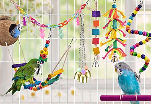 Parakeet Cockatiel Bird Swings Toys, Bird Perch Bird Cage Hammock Coconut Hideaway with Ladder Hanging Bell Swing Chewing Hanging Toy for Budgerigar, Conures, Love Birds, Finches, Budgie,Mynah