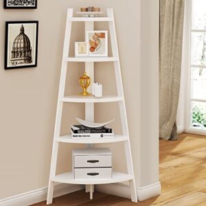 evajoy corner shelf, 5 tier corner shelf tall rustic multipurpose bookshelf with 1.96'' wide frame, industrial ladder shelf and plant stand with support foot pads for living room, home office