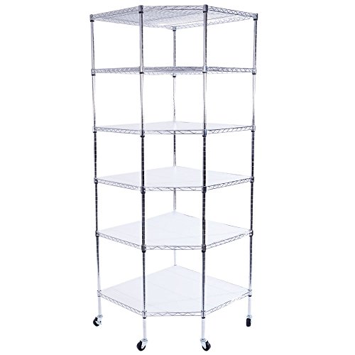 Guangshuohui 6-Tier Metal Storage Rack with Wheels,Plated Polygonal Corner Shelf Steel Wire Shelving Tower,Metal Storage Shelf Unit for Garage Laundry Bathroom Kitchen Pantry Closet, Silver