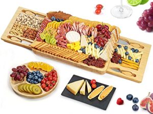 bamboo cheese board set with marble, large charcuterie boards and knife set, cheese platter with 2 drawers, include round fruit cheese platter, meat and cheese cutting board housewarming gift