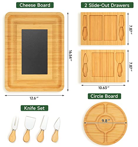 Bamboo Cheese Board Set with Marble, Large Charcuterie Boards and Knife Set, Cheese Platter with 2 Drawers, Include Round Fruit Cheese Platter, Meat and Cheese Cutting Board Housewarming Gift