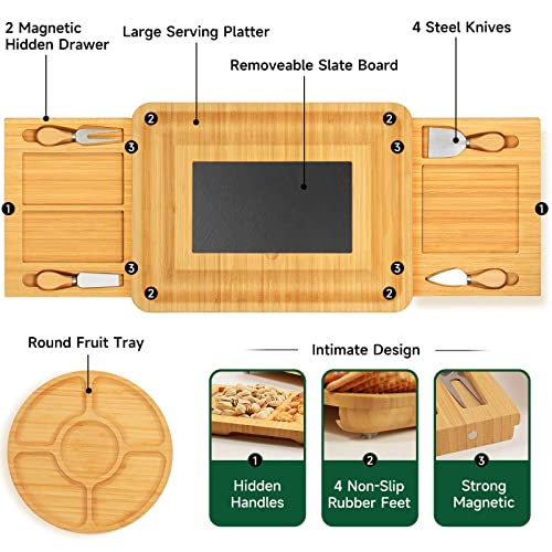 Bamboo Cheese Board Set with Marble, Large Charcuterie Boards and Knife Set, Cheese Platter with 2 Drawers, Include Round Fruit Cheese Platter, Meat and Cheese Cutting Board Housewarming Gift